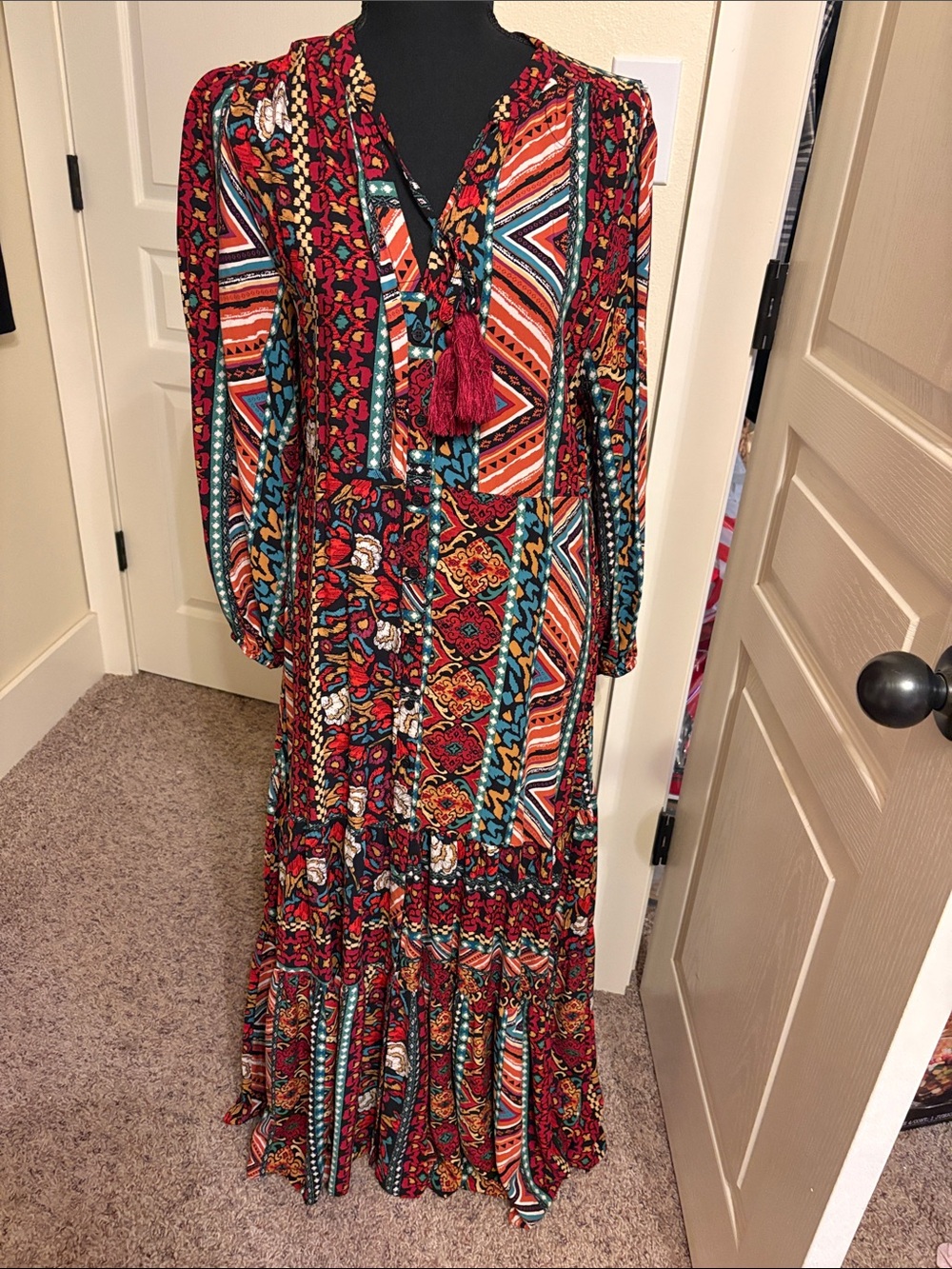 Dress Forum Red Multi-Print Boho Maxi Dress with Teal Accents